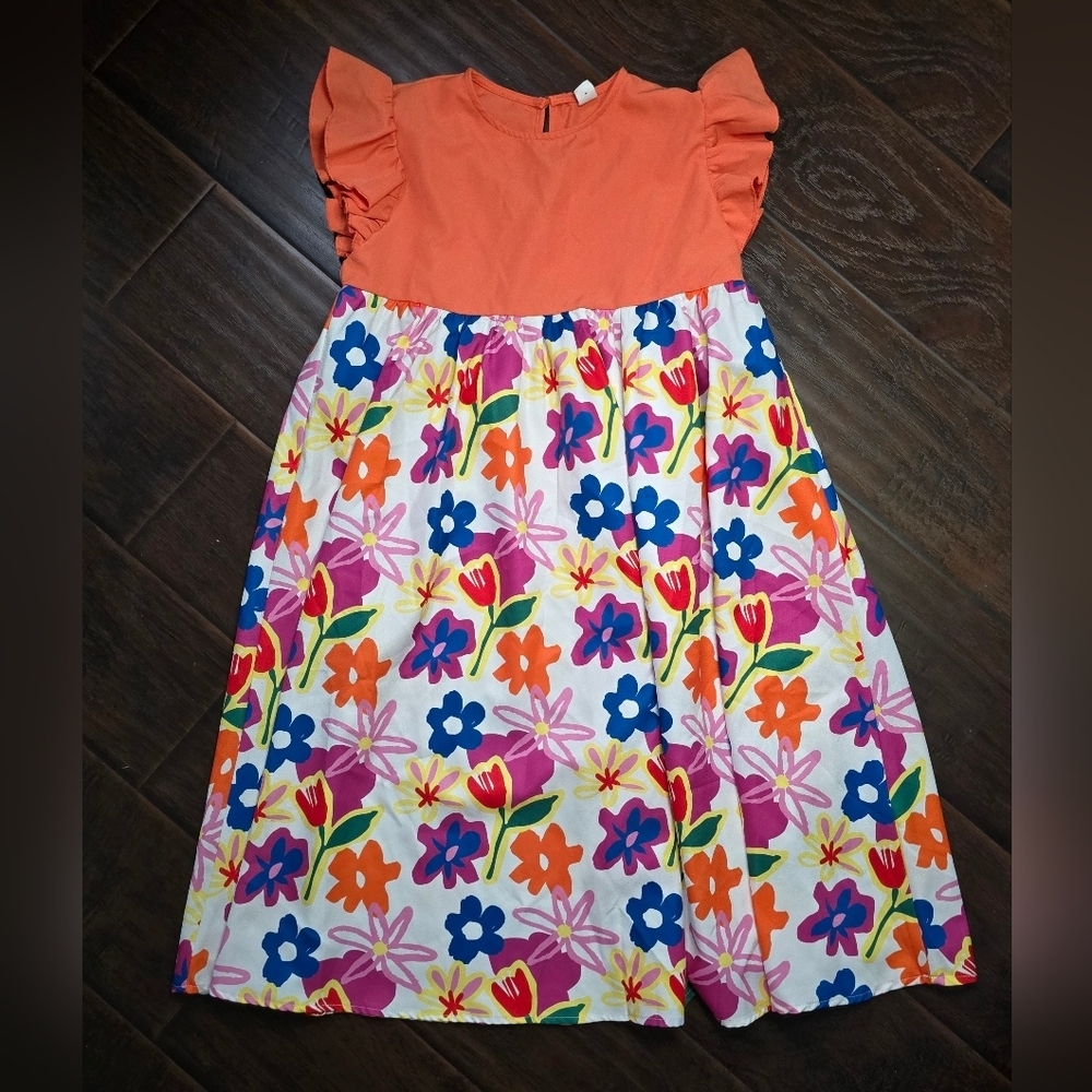 Shein Girls Floral Orange Flutter Fleeve Casual Dress 11-12Y
